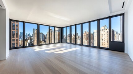 Fototapeta premium Empty living room with sleek modern finishes, expansive floor-to-ceiling windows revealing bright blue sky 