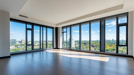 Fototapeta premium Empty living room with sleek modern finishes, expansive floor-to-ceiling windows revealing bright blue sky 