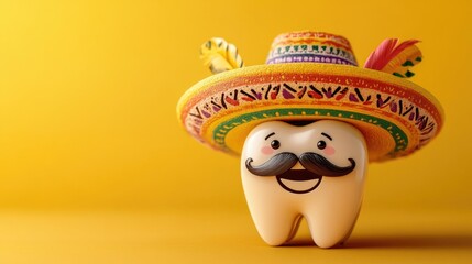 Cute cartoon tooth with mustache wearing colorful sombrero on yellow background. Cinco de Mayo, Battle of Puebla Day, Mexican Heritage Festival - Latin American Cultural Celebration