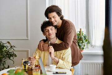 Joyful moments between a loving gay couple in a cozy modern apartment