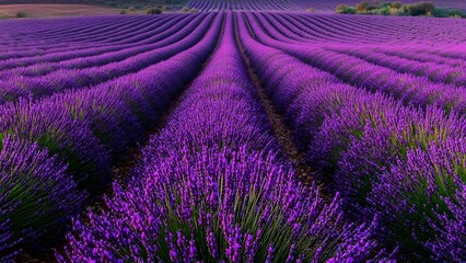 Obraz premium Vast fields of purple lavender in neatly arranged rows, creating a stunning, vibrant landscape. Concept Lavender Fields, Vibrant Landscape, Nature Photography, Colorful Scenery, Crop Arrangement
