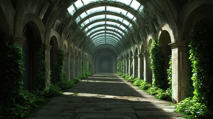 Obraz premium Majestic sunlit stone corridor with lush green ivy, serene historic architecture, peaceful solitude
