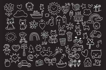 Cute hand drawn doodles mega set elements in flat graphic design. Collection objects of flowers, hearts, clouds, lion, ship, sun, snail, stars, palm, rainbow, cat, dog and other. Vector illustration.
