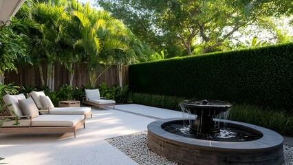Obraz premium A serene outdoor space featuring comfortable seating, lush greenery, a fountain, and a modern design. Concept Serene Outdoor Space, Comfortable Seating, Lush Greenery, Fountain Feature