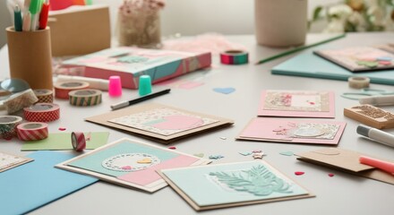 Colorful handmade greeting cards and crafting materials on table