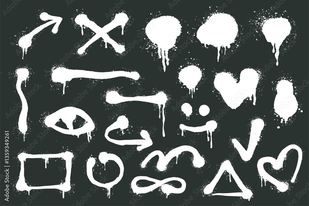 Aufkleber Graffiti spray lines set elements in flat graphic design. Bundle objects of grunge ink stain and drips in arrow, cross, heart, eye, square, triangle, circles and other symbols. Vector illustration.
