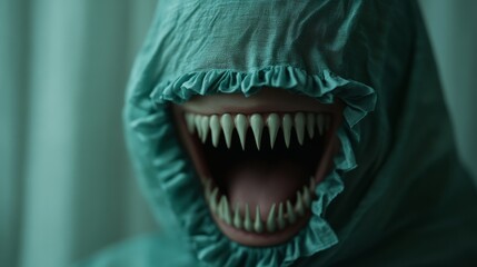 Naklejka premium Monstrous teeth under green fabric, eerie horror theme, Halloween spooky costume idea, creepy grin