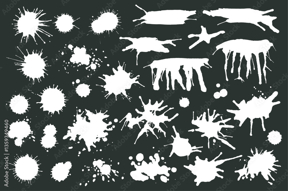 Aufkleber White ink drops and splashes set elements in flat graphic design. Bundle objects of grunge stains and drips, messy paintbrush blots, grainy splattered texture, dirty paint spots. Vector illustration.