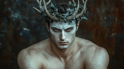 A shirtless man with antler crown, mythical forest spirit, enchanting fantasy cosplay, artistic portrait