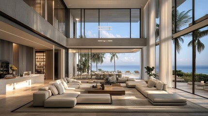 Fototapeta premium Exclusive oceanfront property featuring sleek architecture, open living spaces, private beach access, and high-end amenities 