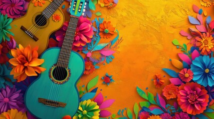 Colorful guitars amidst vibrant flowers on textured orange background. Cinco de Mayo, Battle of Puebla Day, Mexican Heritage Festival - Latin American Cultural Celebration