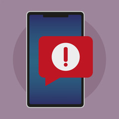 Mobile warning icon. Red alert bubble. Exclamation point symbol. Flat phone interface.