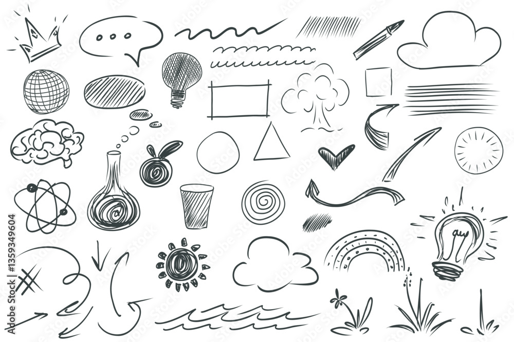 Aufkleber Scribble hand drawn mega set elements in flat graphic design. Collection objects of doodle speech bubble, wavy line, lightbulb, tree, shapes, brain, test tube, atom, apple, other. Vector illustration.