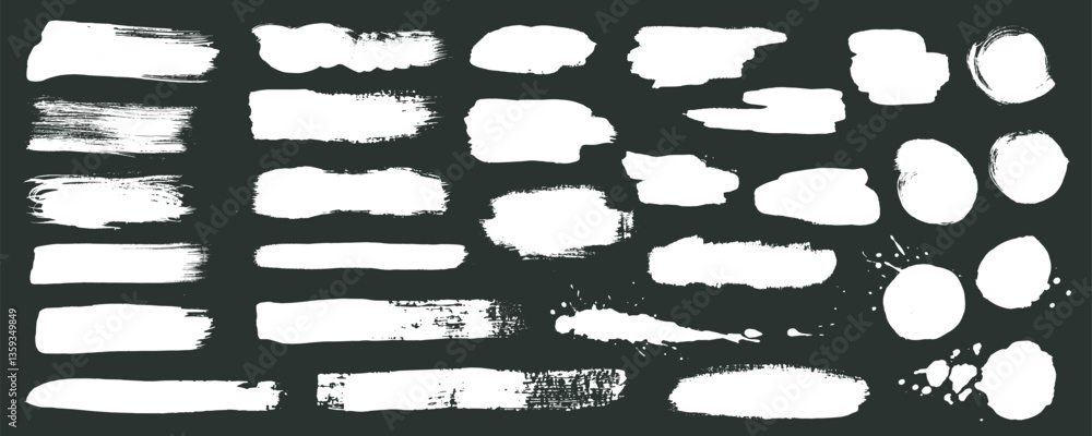 Poster white ink stains mega set in flat graphic design. collection elements of abstract grunge paint shape