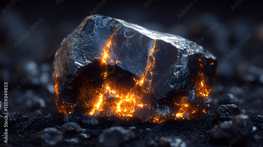 Poster molten core: a macro shot showcasing a close-up view of a glowing rock with an abstract molten core,