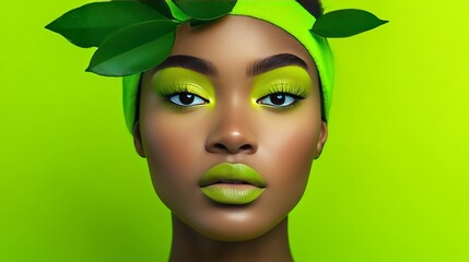 African American woman with vibrant green makeup and leaves, environmental awareness, nature-inspired beauty
