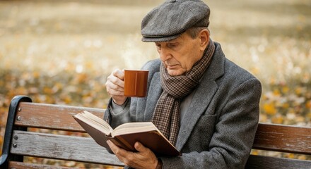 Fototapeta premium Elderly man in hat reading book on bench while sipping coffee