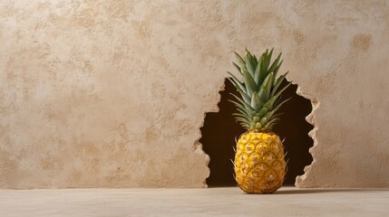 A fresh pineapple in front of a beige wall with a hole, tropical fruit concept, exotic summer vibes, creative interior design