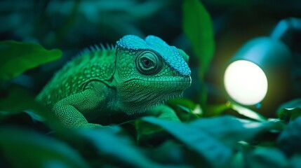 Fototapeta premium Chameleon blending in rainforest foliage with ambient light, wildlife adaptation, biodiversity conservation, exotic nature scene
