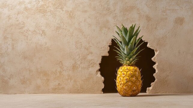 A fresh pineapple in front of a beige wall with a hole, tropical fruit concept, exotic summer vibes, creative interior design - Powered by Adobe