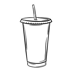 Hand-Drawn Black and White Sketch of a Takeaway Cup with Straw