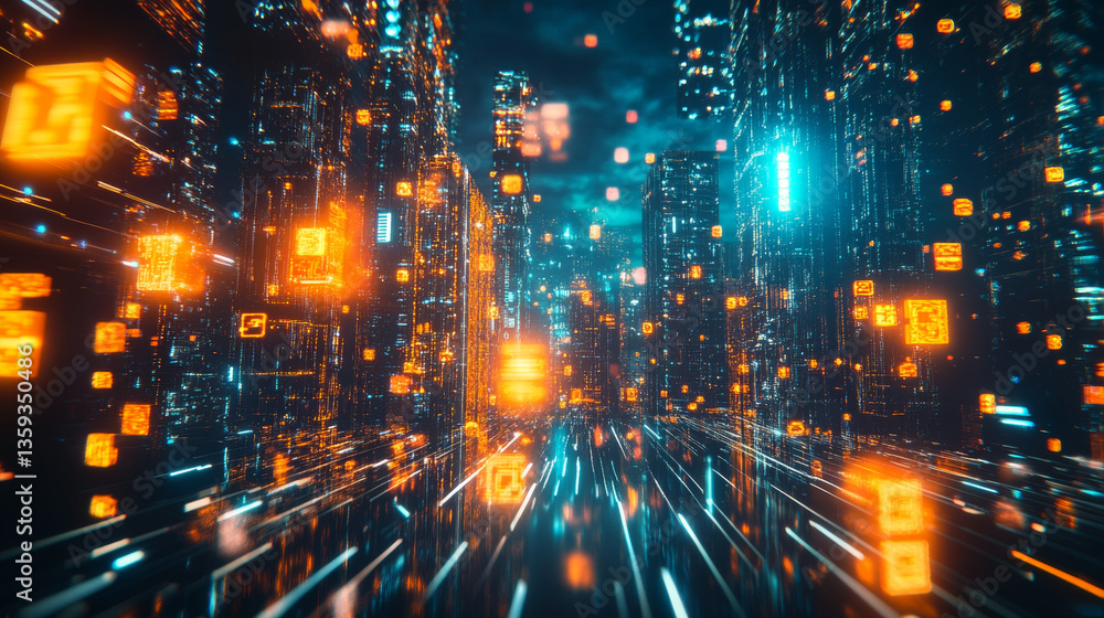 Poster artificial intelligence and wireless technology. global digital network. bright neon light. 3d illus