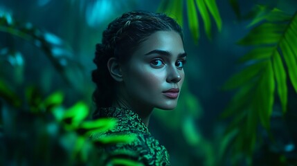 Young woman in lush green jungle setting, mysterious exploration adventure, tropical rainforest serenity