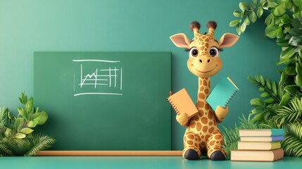 Adorable cartoon giraffe teaching with notebooks in classroom setting. Back to School, School Season, First Day of School - Education Supplies, Academic Year Beginning