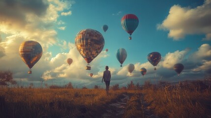 Obraz premium A lone person walks on a path with many hot air balloons