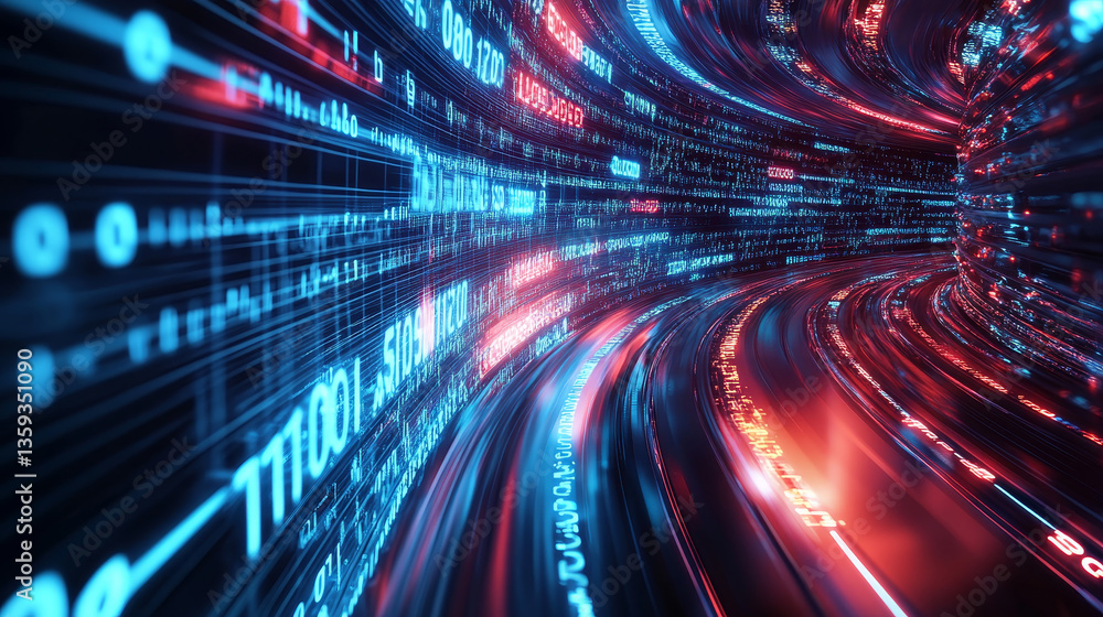 Poster big data concept. electrical impulse. futuristic wave and binary code. neon light. streaming technol