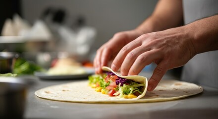 Chef preparing fresh, colorful vegetable wrap in kitchen setting