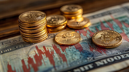 American dollar coins and stock market statistical data, financial economic fluctuations. The design has the concept of stock trading and profit and loss in the world of the stock market. Financial