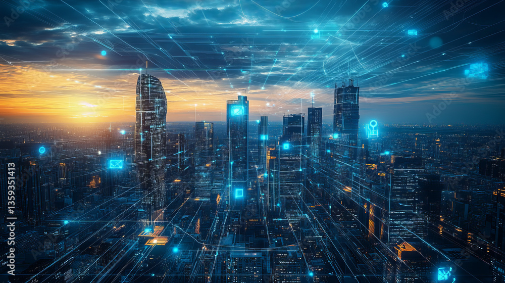 Poster digital city in space. computer of future, circuit board and hardware 3d illustration. wireless inte