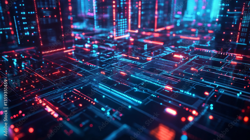 Poster digital city in space. computer of future, circuit board and hardware 3d illustration. wireless inte