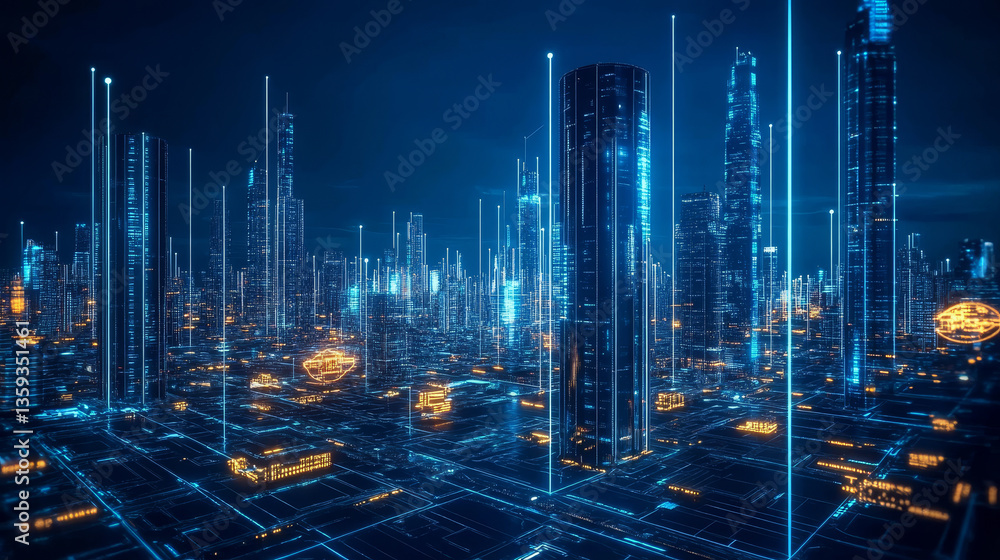 Poster digital city in space. computer of future, circuit board and hardware 3d illustration. wireless inte