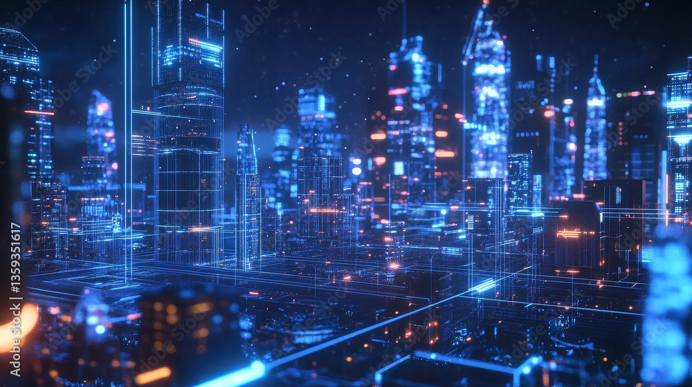 Poster digital city in space. computer of future, circuit board and hardware 3d illustration. wireless inte