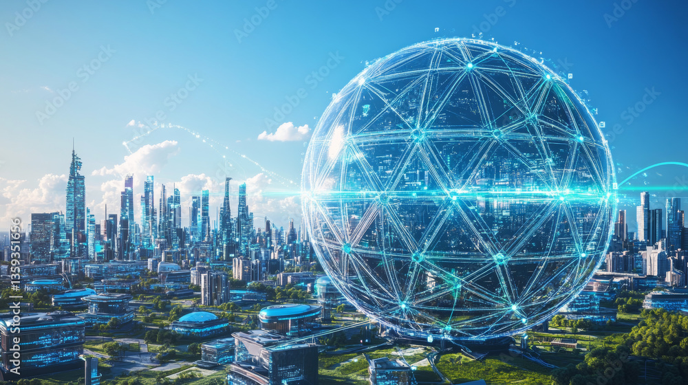 Poster digital city in space. computer of future, circuit board and hardware 3d illustration. wireless inte
