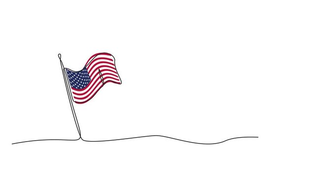 Single line American flag, one line USA symbol, blue, red and white national emblem, monoline continuous stroke drawing animation