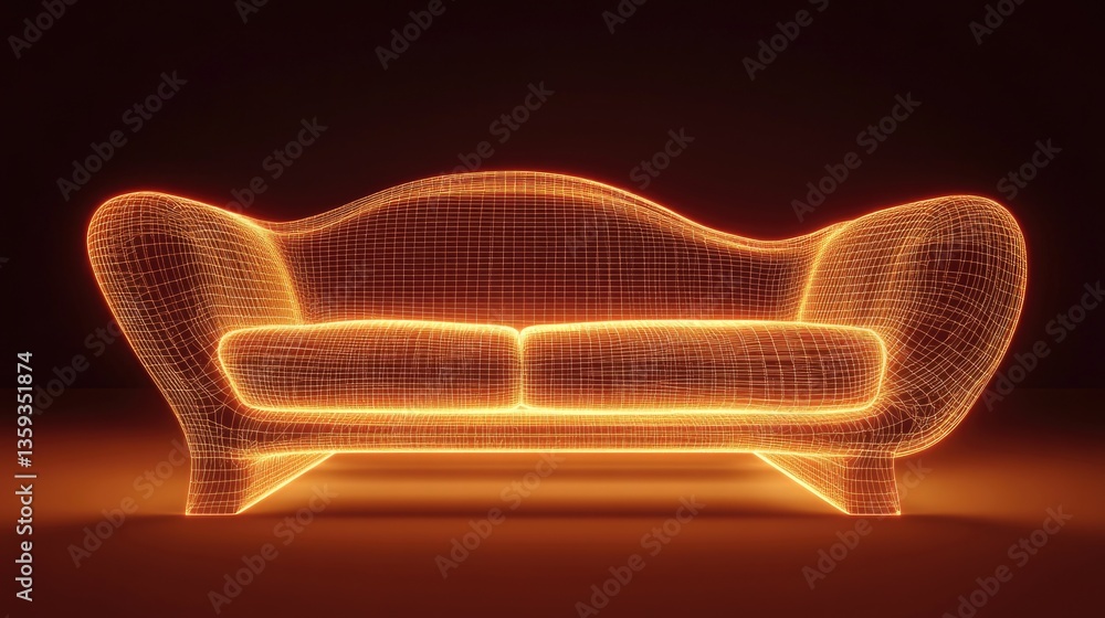 Poster glowing wireframe couch on dark background with futuristic design