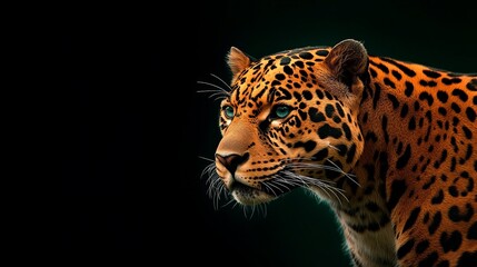 Obraz premium Majestic leopard with striking eyes on dark background, wildlife conservation, endangered species awareness