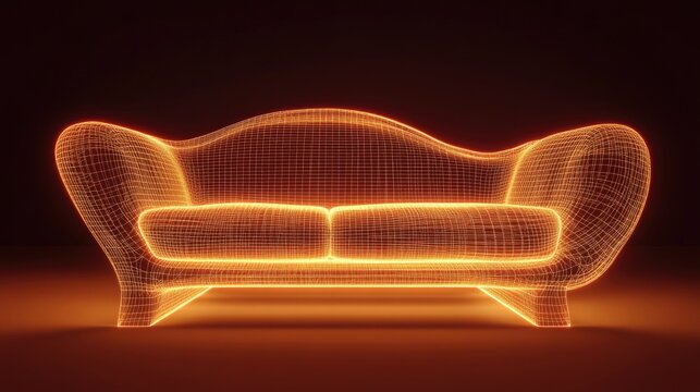 Glowing wireframe couch on dark background with futuristic design