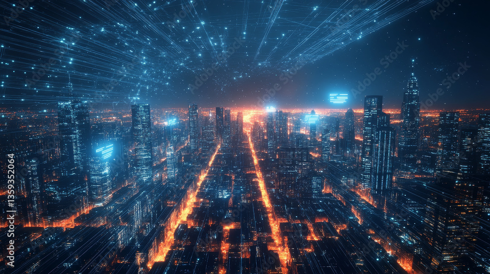 Poster digital city in space. cybercity 3d illustration. wireless internet technologies. database protectio