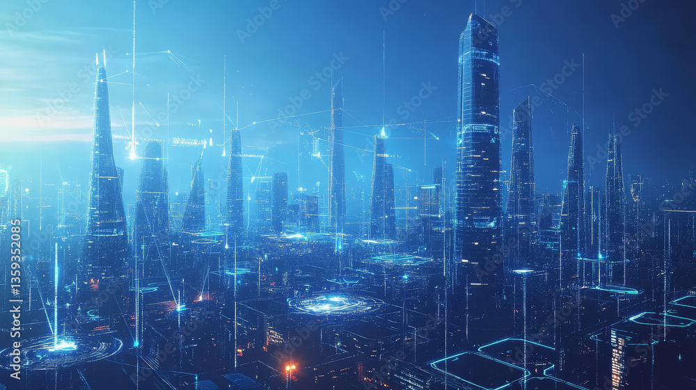 Poster digital city in space. cybercity 3d illustration. wireless internet technologies. database protectio
