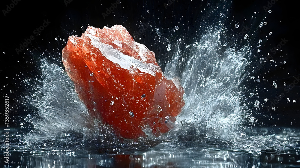 Poster impact splash: a vibrant image captures the instant of impact as a red stone crashes into water, cre