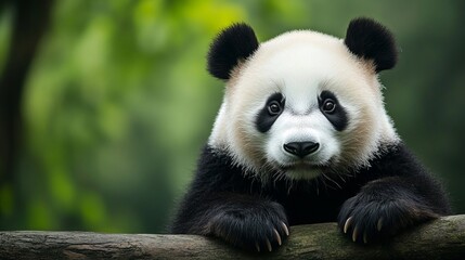 Cute panda resting on a log, wildlife conservation, adorable endangered species, Chinese symbol