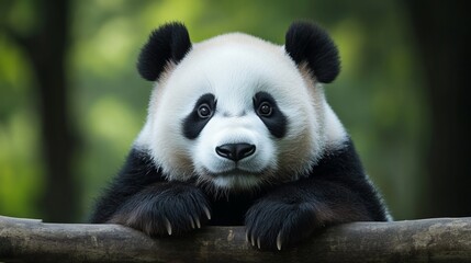 Fototapeta premium Playful panda bear resting on a log, wildlife conservation, Chinese New Year, endangered species awareness