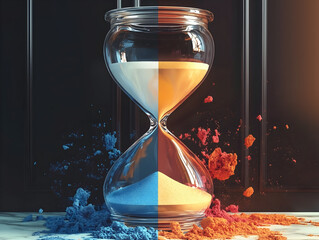 Creative hourglass between blue and orange powder, symbolizing time, balance, and contrast. Dramatic lighting and dark background highlight urgency and visual tension in artistic composition.