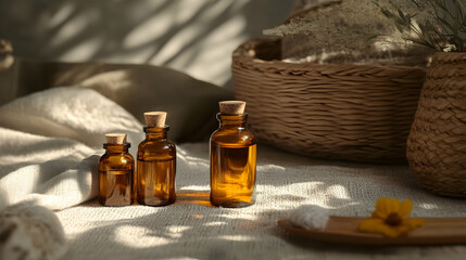 Three amber glass bottles on textured fabric with natural basket and shadow play