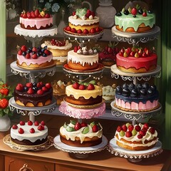 Delicious cakes displayed in bakery window