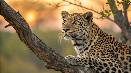 Leopard Resting on Tree Branch at Sunset